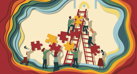 A diverse team collaborates to build a structure with large puzzle pieces, symbolizing teamwork and problem-solving.