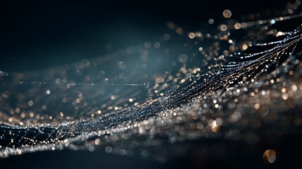 Enchanting spiderweb covered in dewdrops glistening with ethereal light, a delicate macro