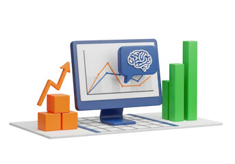 3d illustration of a computer monitor displaying a stock chart with a speech bubble saying stock here and accompanying financial graphics isolated on transparent background