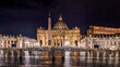 St. Peter's Basilica and the iconic obelisk in St. Peter's Square at night, with majestic illuminations reflecting on wet pavement under a starry sky in Vatican City, Rome, Italy