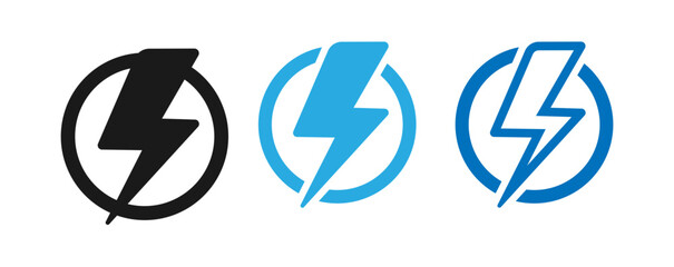 This image features three simple, vector-based lightning bolt icons.