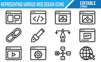Set of web design and development icons in editable stroke style, featuring website layout, coding, image, link, graphic pen, video, gear, globe, and digital interface illustrations for modern technol