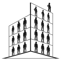 Illustration of a building with people on each floor, representing hierarchy and structure.