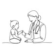 © Mofazzelh - Single continuous line Art drawing of young female pediatric doctor invited cute baby toddler patient to play and follow her instruction. with white background