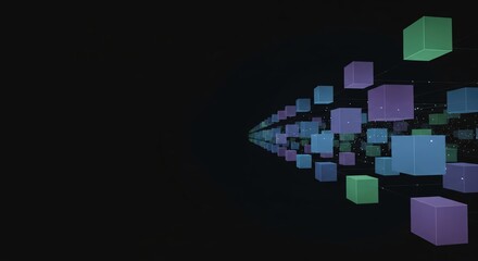 Abstract background with colorful glowing cubes connected by lines, symbolizing data, networks, and digital technology concepts.