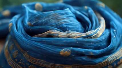 Wall Mural - Elegant Blue Fabric with Golden Embellishments - A Detailed Close-Up.
