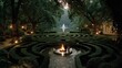Peace garden maze with center containing eternal flame, visitors finding path to understanding