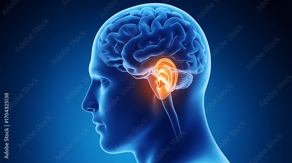 Human brain anatomy with highlighted inner ear in blue body, a detailed ...