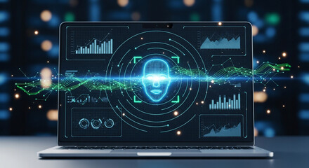 Futuristic concept of digital identity and cybersecurity featuring AI-powered facial recognition software on a dashboard
