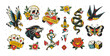 © VRTX - Old school temporary Tattoo art Collection for Rock stickers and apparel print dsgn (part 2). Colorful Tattoo Rock symbols and old school set of Eagle, Panther head, butterfly, playing cards, skull