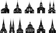 © Vector Sifat - Church silhouette collection, religious architecture icons, Christian buildings, chapel and cathedral outlines, holy places, spiritual landmarks, faith symbols, vector illustration set