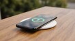 © Innovative Image - modern smartphone wirelessly charging on a wooden table outdoors on a sunny day | technology, lifestyle, mobile, summer, minimalism theme