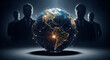 © Domingo - Shadowy figures in silhouette surrounding illuminated Earth globe representing hidden global powers controlling world affairs from behind scenes
