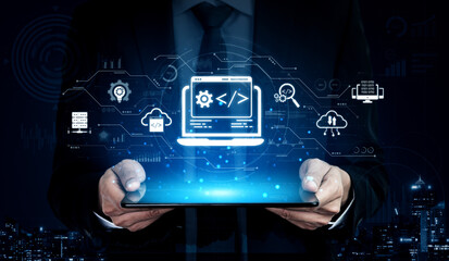 Modern web development concept featuring coding symbols, web development process, web development interface, and web development tools with futuristic design. Spline