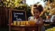 © uniyok - Kid's homemade lemonade stand business in sunny backyard setting