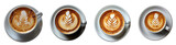 Four cups of cappuccino with latte art isolated on transparent background, showcasing the intricate designs and warm tones of the coffee beverages