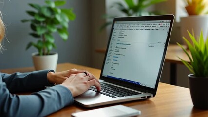Businesswoman typing e-mail on laptop at office desk, composing professional email letter using business etiquette, writing e message to corporate client online, focus on screen, modern messenger.