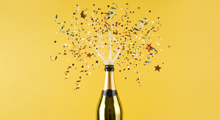 Pop the bubbly and celebrate a fun event with this vibrant champagne bottle exploding with colorful confetti and streamers on yellow
