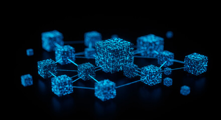 Network of connected digital blocks on a dark background