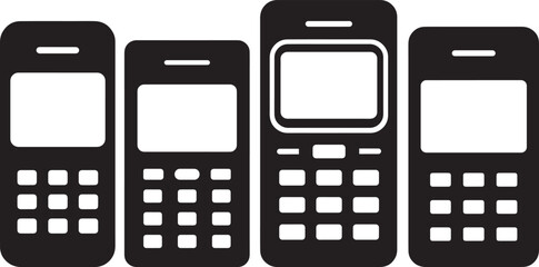 Four vintage mobile phones in a row showing evolution of technology silhouette