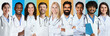 © Prostock-studio - A group of men and women, representing various backgrounds, wears white lab coats. They stand together in a colorful modern clinic, showcasing camaraderie among healthcare providers.
