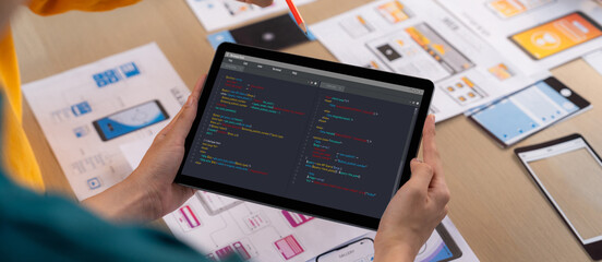 Software development programming on computer screen for brisk application and program coding