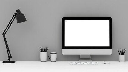 Modern workspace with blank computer screen and office supplies
