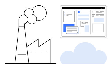 Factory emitting smoke paired with a digital interface, representing industrial processes and cloud integration. Ideal for industry, technology, sustainability, digital transformation, data