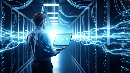 Man with laptop in server room, digital data flow in cyberspace. Network technology and administrator work concept. Footage.