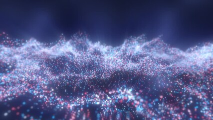 Wall Mural - flowing digital field of light blue, white, and red glowing dots forming a misty wave over a dark ba