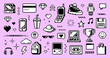 © hiten666 - Collection of pixel art y2k vintage technology and pop culture icons on pink background. Retro 90s and 2000s nostalgic elements for game asset or web design.
