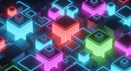 Illuminated Cubes in a Digital Realm: An engaging digital composition showcasing an array of luminescent cubes, evoking a sense of technological prowess and abstract design.
