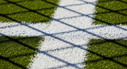 Close-up of a white line and grid pattern on a green artificial turf sports field casting a shadow of a fence or net suggesting a game or practice is about to begin or has just finished