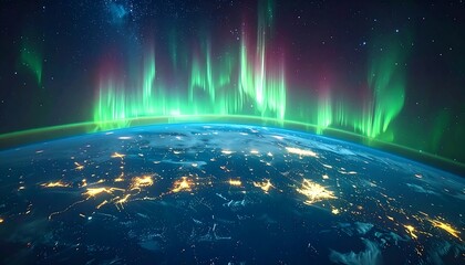 Stunning Aurora Borealis Display Over Earths Illuminated Cities.
