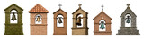Bell tower set including stone, brick, and mossy constructions with various bells isolated. Church, village, and historical architectural elements.