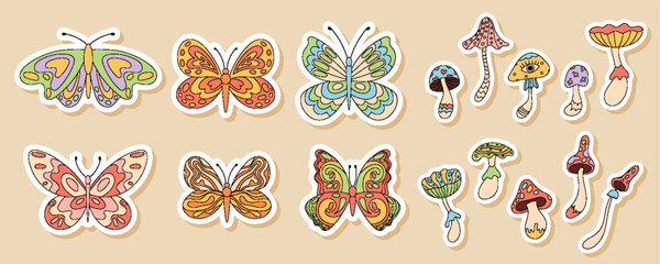 Wall Mural - Groovy psychedelic cartoon butterfly and mushroom sticker set with cute trippy y2k and retro colorful style. Groovy element set for fun patch or playful vintage decor ideas.