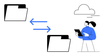 Wall Mural - File folders connected by arrows, female character with tablet, and cloud icon highlight data exchange and cloud service. Ideal for cloud storage, data sync, digital transfer, teamwork, innovation