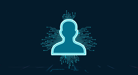 Conceptual illustration of a digital identity and artificial intelligence, featuring a glowing human silhouette integrated with a futuristic circuit board network