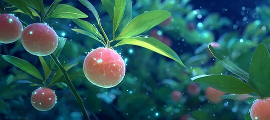 Peach tree with ripe peaches hanging from branches, fresh fruit harvest, orchard, organic farming, summer fruits