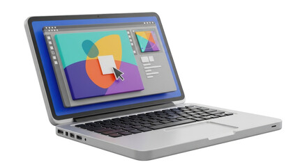 Open laptop displaying graphic design software with colorful interface and a cursor.