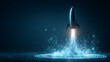 © Strother - A sleek rocket launches from a glowing digital platform, creating a particle trail. A futuristic concept of a startup business, innovation, growth, and technology.