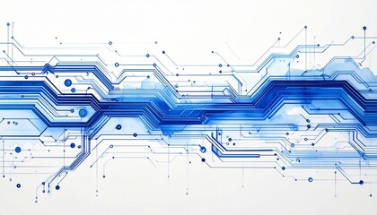 Intricate blue lines and nodes on a white background depict a futuristic digital circuit, representing high-speed data flow and interconnected communication networks