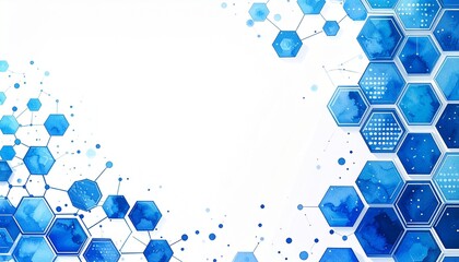 A modern abstract background featuring blue watercolor hexagons forming a molecular network structure, ideal for technology or science themes
