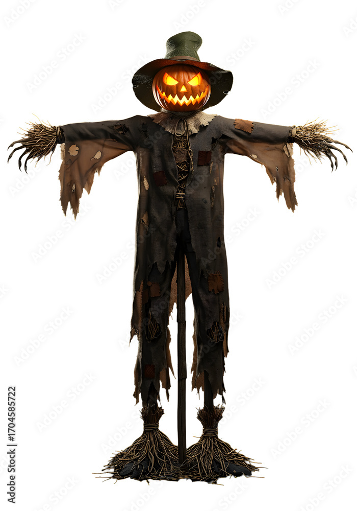 A creepy Halloween scarecrow stands tall with a carved pumpkin head ...