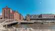 Panorama showing famous old Speicherstadt in Hamburg timelapse featuring the International Maritime Museum, Germany