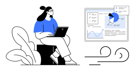 Woman working on laptop, screen showing data analysis with charts and graphs. Ideal for analytics, technology, remote work, productivity, modern design, education, simple landing page