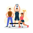 © hangsheng zhou - This vibrant image depicts three friends engaged in a group fitness exercise session, showcasing their determination and excitement while using gym equipment to build strength.