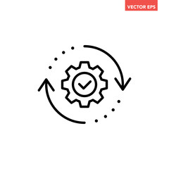 Black single round gear update confiremed line icon, simple cogwheel process flat design vector pictogram, infographic interface elements for app logo web button ui isolated on white background