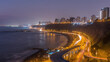 Aerial view of Lima's Coastline in the neighborhood of Miraflores day to night timelapse, Lima, Peru