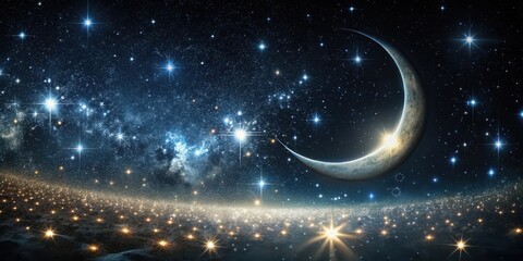 Wall Mural - Celestial Crescent Moon Over a Glittering Expanse of Distant Stars and Nebulae